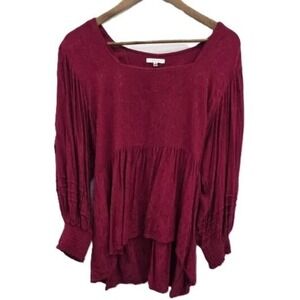 Maurices Textured Burgundy Boho Peplum Long Sleeve Blouse Womens XXL Romantic